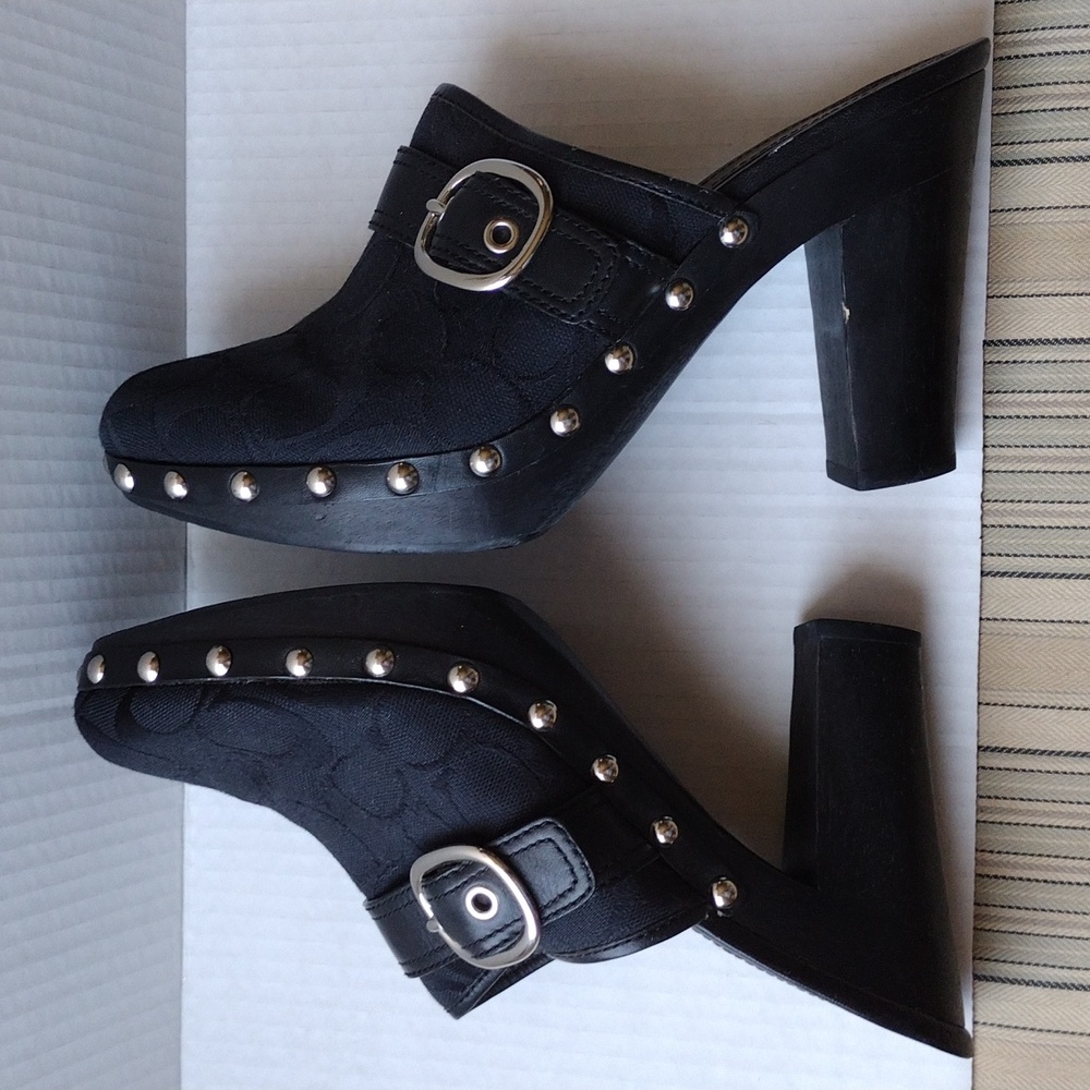 Coach Black Fabric and Leather Mules with Chunky Heel 9.5 - Picture 6 of 12